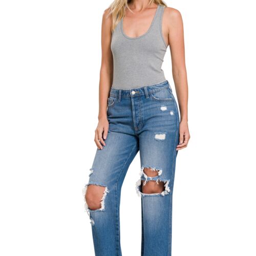 RIGID DISTRESSED CUFFED HEM BOYFRIEND DENIM PANTS Thumbnail